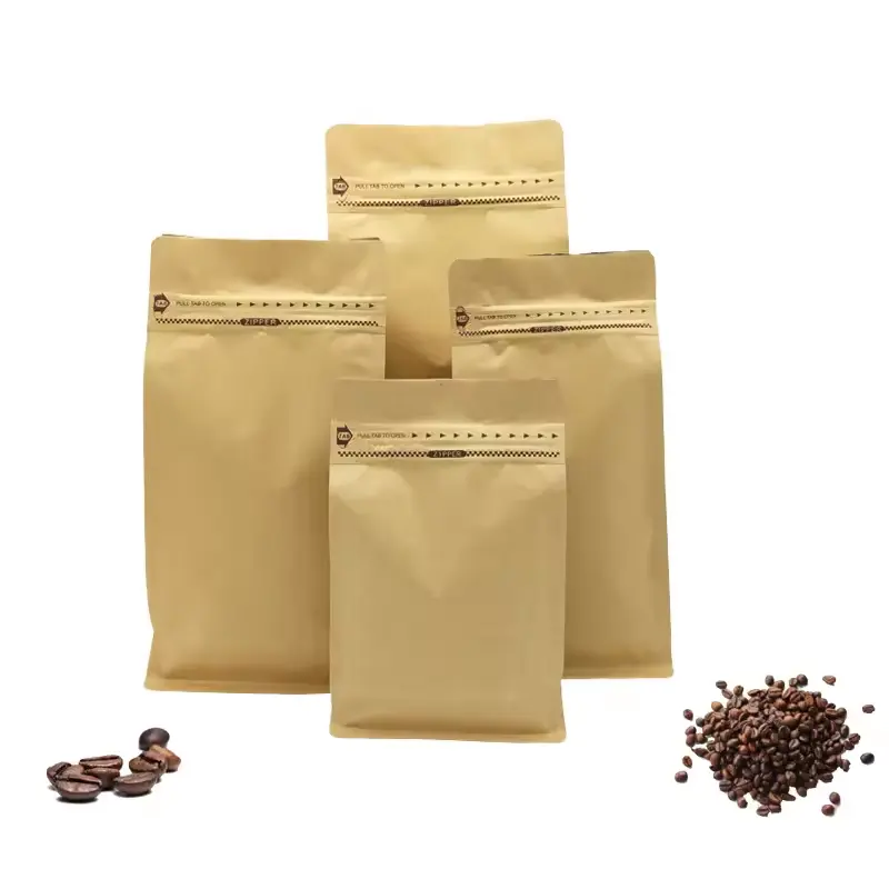 Pochette d'emballage de sac de café de qualité supérieure Biodégradable alimentaire pour la nourriture avec valve kraft artisanat en aluminium sac en papier pour sacs de café
