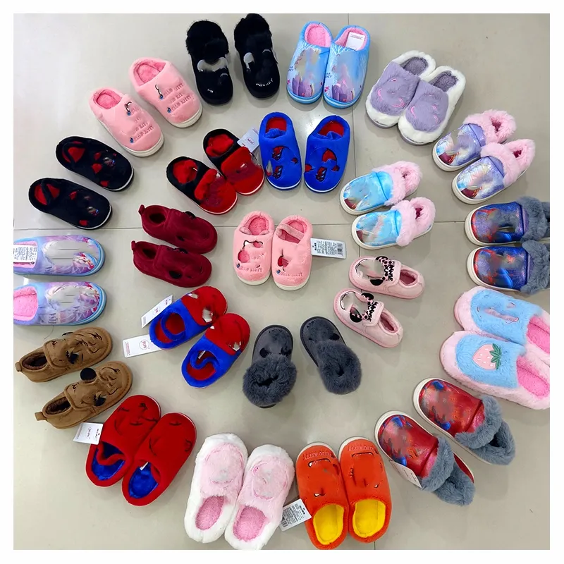 C5519 Cheap price kid's winter plush slippers stocks surplus used shoes for girls and boys wholesale