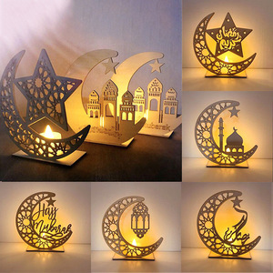 Warm <strong>White</strong> Eid Mubarak Festival <strong>Moon</strong> Ornaments Home Decorative Wooden Craft Light With Candlestick Five-Pointed Star Castle - Product Image 3