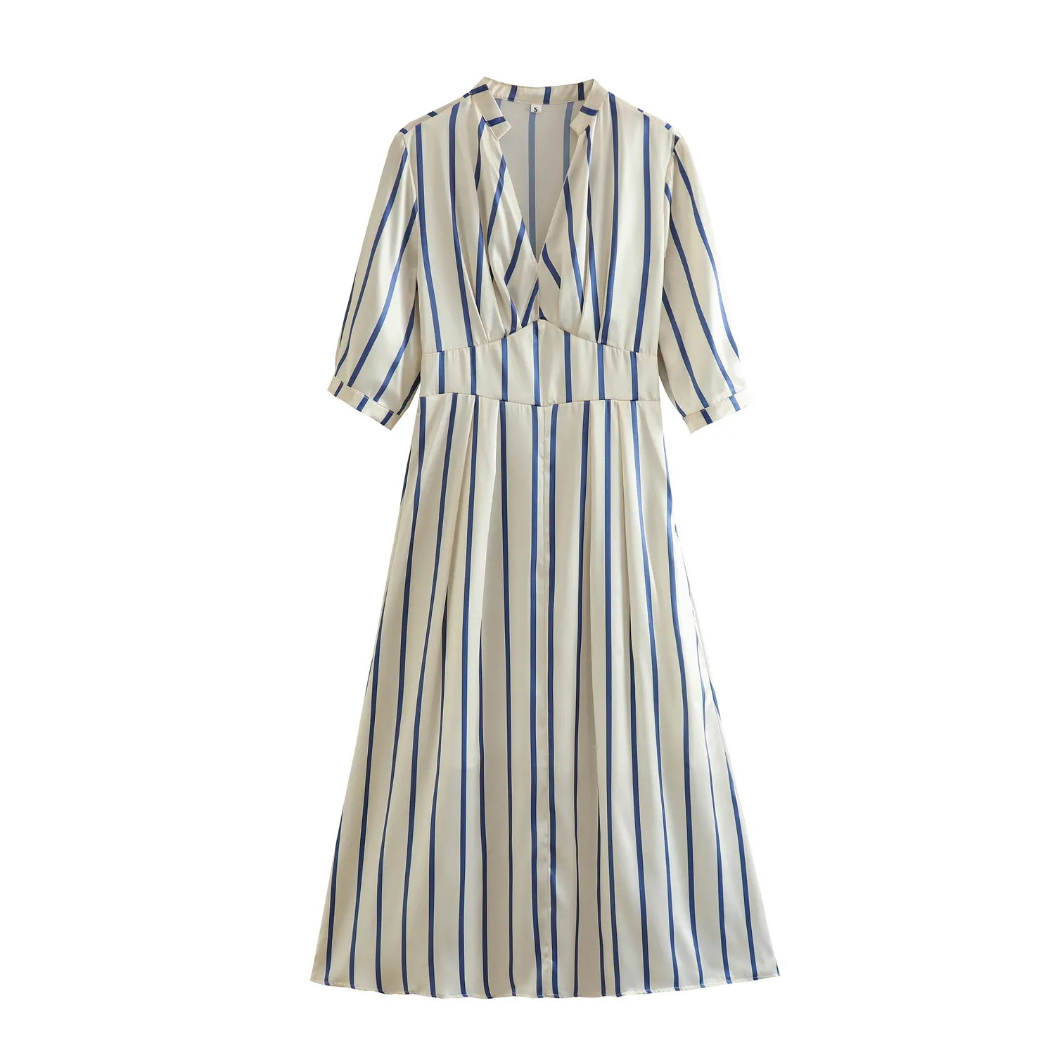 Modest style striped print short sleeve v neck blue and beige color casual women dresses