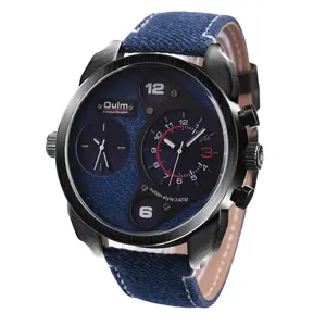 OULM 9316 fashion blue gents quartz watch costume fabric strap 2 time zone arabic numbers vintage business wristwatch