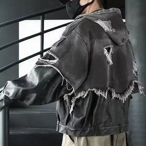 Blouson Bomber en Jean Personnalisé pour <span class=keywords><strong>Homme</strong></span> – Collection Automne <span class=keywords><strong>Hiver</strong></span> – Style Streetwear Hip Hop – <span class=keywords><strong>Manteau</strong></span> à <span class=keywords><strong>Capuche</strong></span> en Cuir Effet Vieilli avec Empiècements - Product Image 3