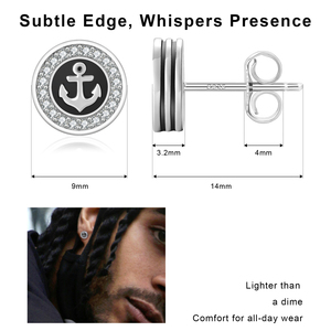Boucles d'oreilles clous ancre tendance en émail noir, pavées de pierres, plaqué or blanc, style punk street hip-hop, en argent 925 - Product Image 2