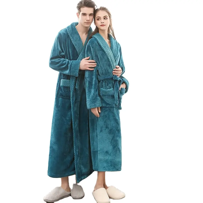 High quality solid Nightgown woven spa bathrobe Men's Long Sleeve pajamas Cozy Soft Plush Shawl Collar Robe with belt