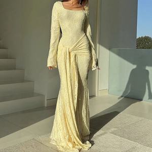 Vestido largo casual de encaje con mangas largas y diseño de sirena para mujer, sexy, sin espalda, con lazos, para mujer - Product Image 1