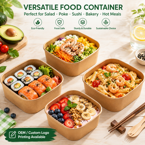 ชามกระดาษคราฟท์ทรงสี่เหลี่ยมย่อยสลายได้ ภาชนะใส่อาหารแบบใช้แล้วทิ้งสำหรับซื้อกลับบ้าน ฝาปิดกันน้ำมันเคลือบ PE/PLA สำหรับ<span class=keywords><strong>คุกกี้</strong></span> แซนวิช สลัด - Product Image 2