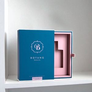 Luxury Matte Blue Slide Drawer Perfume <b>Gift</b> <b>Box</b> With <b>Pink</b> Interior & Ribbon Puller - Product Image 3