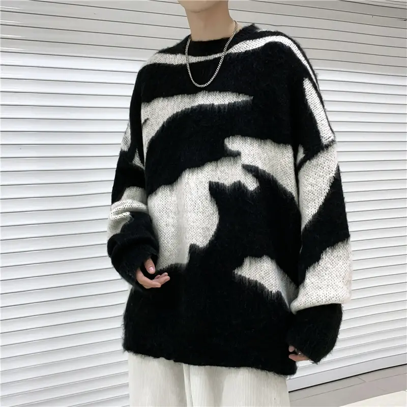 Men knitted sweater Long Sleeve Men's Tie dyed round neck sweater men's loose knit sweaters