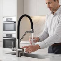 Robinet de cuisine moderne 3 voies avec sortie d'eau filtrée, en acier inoxydable SUS304, bec flexible en silicone noir, pulvérisation extractible, montage sur plan de travail