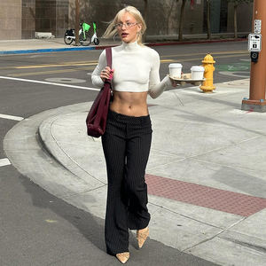 Pantalon évasé en tricot à blocs de couleur pour femmes, taille mi-haute, détail boutonné, décontracté, mode streetwear Y2K, pantalon polyvalent - Product Image 5