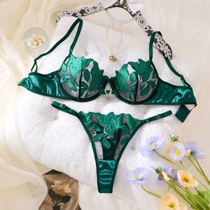 Set Bra dan Celana Dalam Transparan Berenda Oranye yang Menggoda, Pakaian Tidur Mewah untuk Bulan Madu, Lingerie Erotis Wanita - Product Image 6