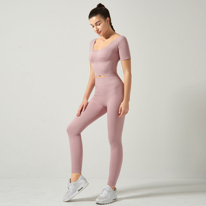 ชุดโยคะ2ชิ้นสำหรับผู้หญิง,เลกกิ้งเอวสูงลายทางและเสื้อพร้อมแผ่นแปะหน้าอกสำหรับออกกำลังกาย - Product Image 2