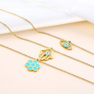 Accesorios de Moda para Mujer, Collar de Ojo Azul de 3 Capas, Gargantilla de Acero Inoxidable Dorada, Collar con Colgante de Mano Hamsa - Product Image 3