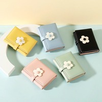 Dompet PU Desain Baru Wanita Pendek Lucu Motif Bunga Lipat Tiga Penjepit Uang Multifungsi Dompet Koin Pelajar Kartu Poliester Kancing 4