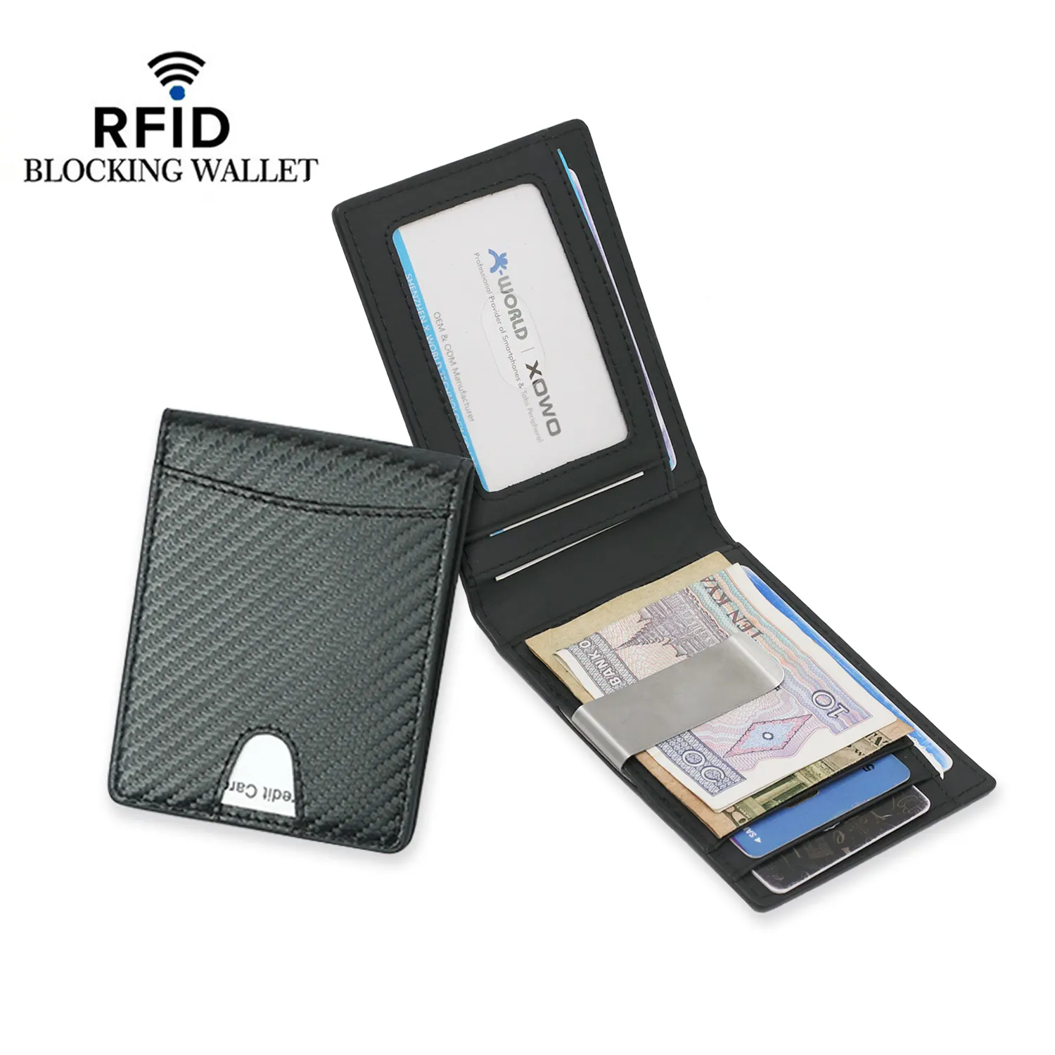 Slim Carbon Fiber Wallet 11 Titular do cartão de crédito Slots Money Clip RFID Bloqueio Minimalista Bifold Carteira de couro genuíno para homens