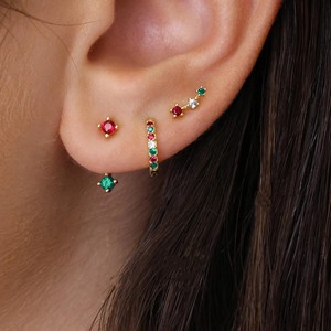 Christmas Women's Gold Plated Red White <b>Blue</b> Zircon <b>Stud</b> Huggie Hoop <b>Earring</b> Set Hypoallergenic Holiday Patriotic Jewelry For - Product Image 6