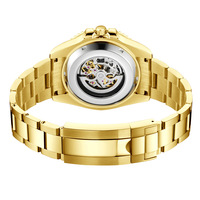 Montre-bracelet automatique pour homme, boîtier doré, cadran squelette noir, lunette rotative, bracelet en acier inoxydable, montre décontractée