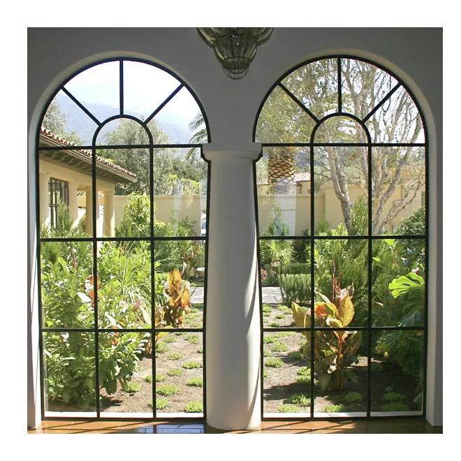 Arched fixed steel glass windows, arched double swing steel French doors for house entrance