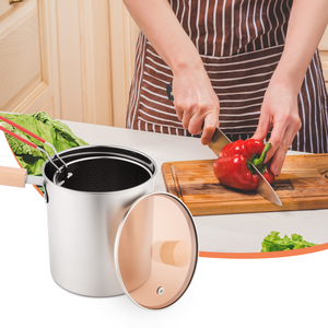 Ensemble de 3 friteuses profondes en acier inoxydable jetables, antiadhésives, compatibles lave-vaisselle, avec panier de friture, couvercle en verre et poignée en bois, tout-en-un - Product Image 2