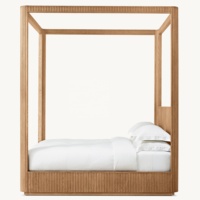 Cama con Dosel de Roble Americano Moderno, Tamaño Personalizable, Estructura de Madera con Cuatro Postes Acanalados, Juego de Cama King de Lujo con Madera Artesanal