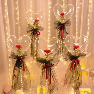Qixi 발렌타인 데이 사랑 로즈 BOBO 풍선 조명 LED 파티 꽃다발 풍선을 고백하는 진화.