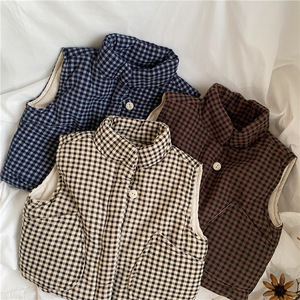 Gilet en coton à carreaux avec grandes poches pour enfants, gilet <span class=keywords><strong>sans</strong></span> manches en coton avec boutons pour garçon et fille, veste à capuche - Product Image 2