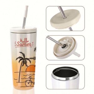Vasos Térmicos Personalizados de Acero Inoxidable con Aislamiento al Vacío, Antiderrames, para Café, Mantienen la Bebida Fría, 24 oz, con Pintura Arcoíris y Tapa de Plástico con Pajita - Product Image 4