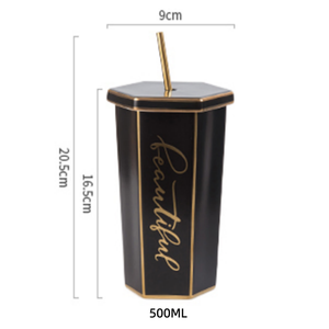 Taza de Cerámica con Borde Dorado de Gran Capacidad (500 ml), Tazas Personalizadas con Forma Romboidal, Tapa de Cerámica y Pajita Dorada - Product Image 6