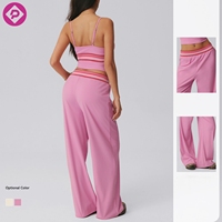 Ensemble de yoga personnalisé pour femmes avec logo, haut à fines bretelles et pantalon large à rayures colorées, ensemble de sport