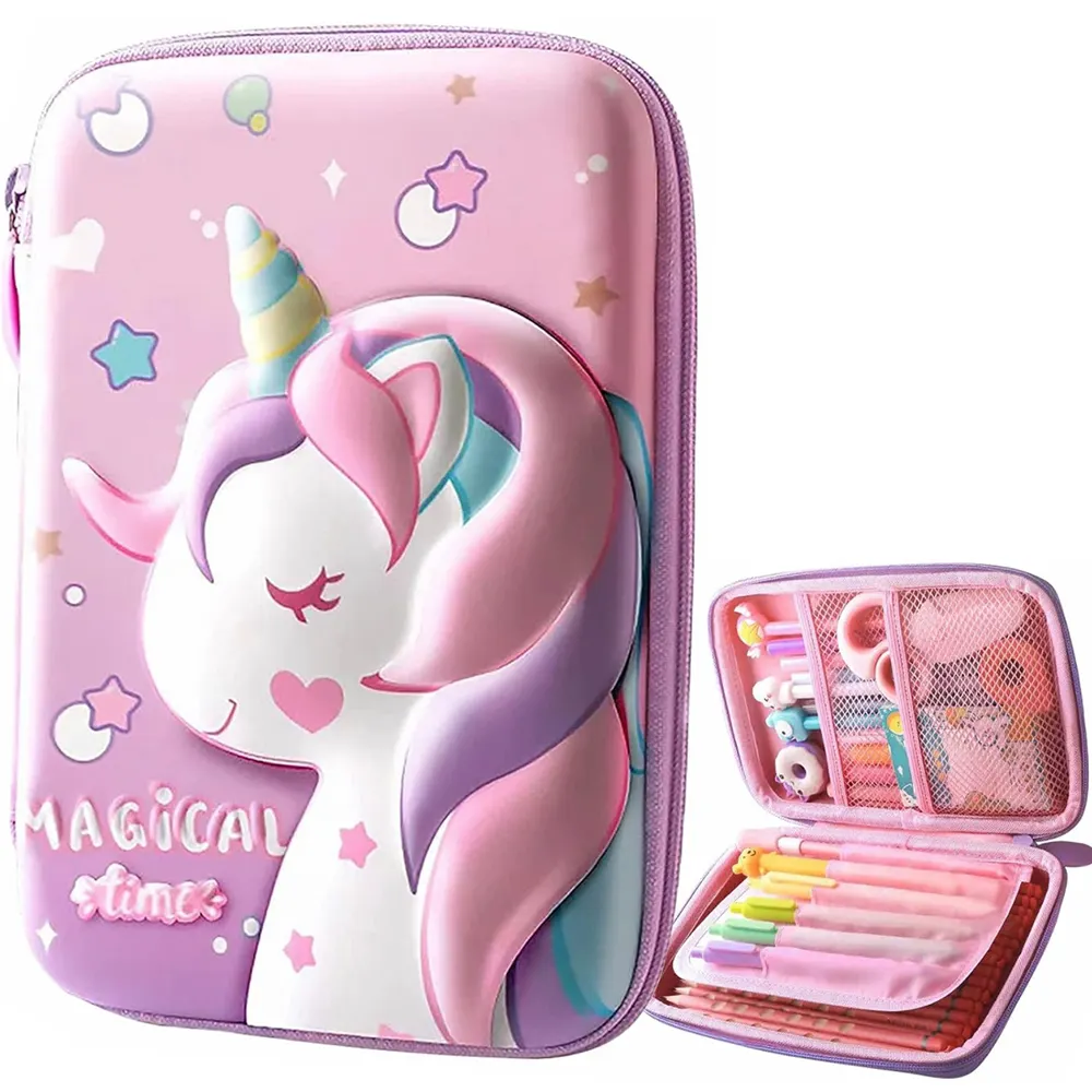 Estuche de lápices EVA de unicornio 3D de gran capacidad para niños, caja de dibujos animados de estudiante 3D, caja de papelería de doble capa, caja de lápices para hombres