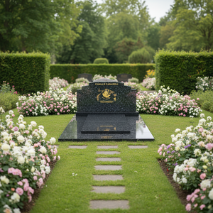 Monument funéraire familial classique <span class=keywords><strong>en</strong></span> <span class=keywords><strong>granit</strong></span> poli de qualité supérieure avec gravure personnalisée <span class=keywords><strong>en</strong></span> feuille <span class=keywords><strong>d</strong></span>'or – <span class=keywords><strong>Pierre</strong></span> <span class=keywords><strong>tombale</strong></span> intemporelle sur mesure pour cimetière - Product Image 1