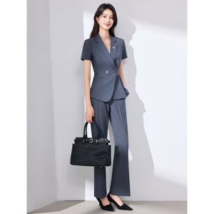Women's Short Sleeve Slim Fit Suit Set Wool Blend Anti Wrinkle Office Lady Business Work Wear - Product Image 3