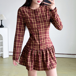 Robe imprimée à carreaux pour femme, style preppy, douce, naturelle, tissée, respirante, antistatique, couleur bonbon, jupe droite - Product Image 1