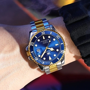 Olevs 6650 jam tangan <span class=keywords><strong>Analog</strong></span> otomatis pria, arloji mewah hitam emas tahan air tanggal otomatis Stainless Steel, jam tangan bercahaya untuk pria - Product Image 2