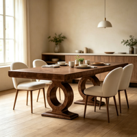 Table à manger moderne de luxe en bois, finition noyer brûlé, design extensible et peu encombrant, grain de bois riche