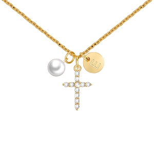Collar con Inicial E y Perla Cruzada Miss Chipmunk, Cadena Deportiva de Bambú, Chapado en Oro de 14K, Joyería Infantil, Regalo <span class=keywords><strong>para</strong></span> Primera Comunión - Product Image 1