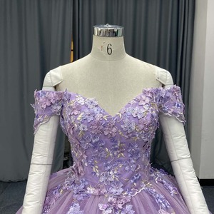 Lsany286 Lavender Quinceanera <b>Dress</b> 3D Floral Lace Applique <b>Ruffled</b> Sleeve Glitter Tulle Ball Gown Scalloped Hem Jancember - Product Image 5
