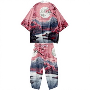 Mens' Spring Loose Japanese Bomber <b>Jacket</b> Set Collarless Breathable Open Front Coat Shorts <b>Chinese</b> Style Printed - Product Image 3