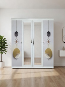 Nouvelle Armoire en Acier 2025, 4 Portes, Motif Vague Doré, Panneau Miroir, Penderie Métallique Blanche - Product Image 5