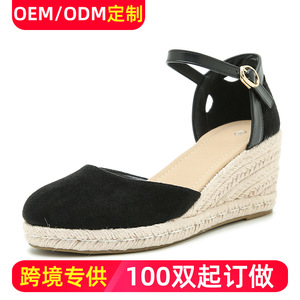 Sandalias de cuña para mujer de gamuza con punta cerrada y correa trasera con hebilla, zapatos de verano con aumento de altura - Product Image 5