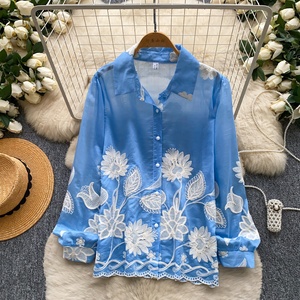 <span class=keywords><strong>Blusas</strong></span> Casuales de Verano para Mujer, Manga Larga, Cuello Polo, Malla Transpirable - Product Image 1