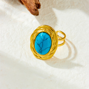 Fashion Retro Oval <b>Turquoise</b> <b>Ring</b> Stainless Steel Open Adjustable Unisex Party Jewelry - Product Image 2