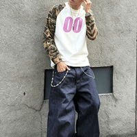 T-shirt Homme Ouna à Manches Longues Raglan, Coupe Boxy Oversize Vintage, Imprimé Camouflage DTG Personnalisé, Patchwork, Tissu Gaufré