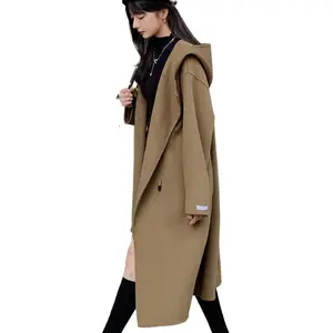 Abrigo de lana de longitud media para mujer con capucha Vintage personalizado invierno nuevo estilo Audrey Hepburn abrigo a cuadros