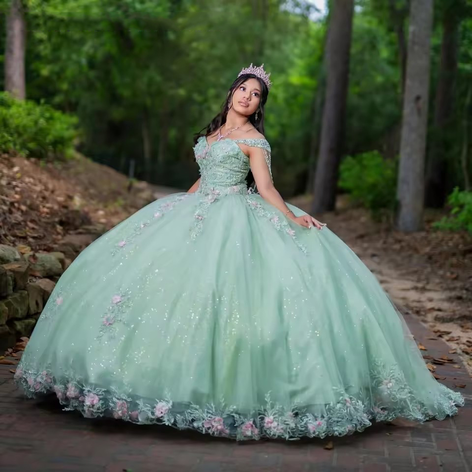 slim fit dress slacks Halter Neck Open Back Mint Quinceanera Dresses Mexican Ball Gown Prom Dress main image 1