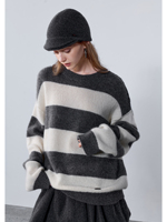 Pull-over ample à col rond pour femme en cachemire pur à 100 %, rayé, vintage, avec ourlet et poignets côtelés, chaud et doux pour l'hiver