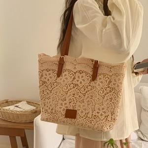 Lace Tote <b>Bag</b> Women's Large Capacity Casual Shoulder <b>Bag</b> Khaki White Magnetic Buckle Zippered Pocket <b>Summer</b> 2025 - Product Image 2