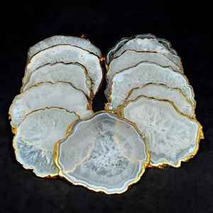 Natural <b>White</b> Agate Polished <b>Coaster</b> With Gold Edge Electroplating Salt Slice Crystal Healing <b>Coasters</b> Love For Home Decoration - Product Image 6