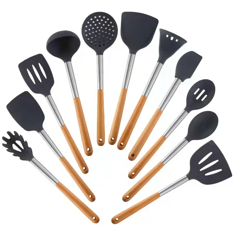 Amazon Offre Spéciale ustensiles de cuisine en silicone de qualité alimentaire, spatule antiadhésive, manche en tube de hêtre et d'aluminium, 11 ustensiles de cuisine