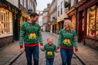 Pull de Noël moche en acrylique tricoté vert, imprimé sur mesure, avec motifs Cloche de Noël et Flocon de neige, pour les fêtes d'hiver